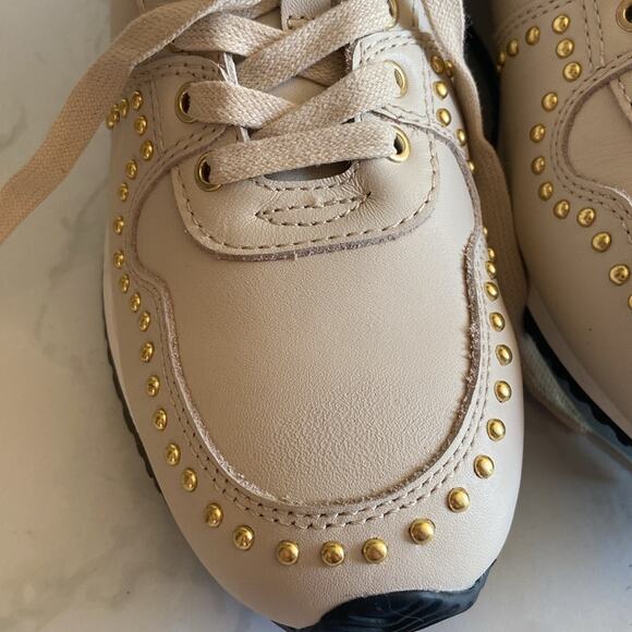 New Rebecca Minkoff Leather Devine Lace Up Sneakers Cream Gold Metal Women's 8 - Picture 3 of 8
